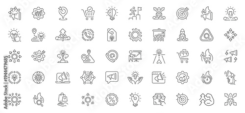 Promotion and marketing icons set - line, editable line icons, advertising symbols