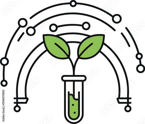Green sprout in test tube with circuit lines plant growth