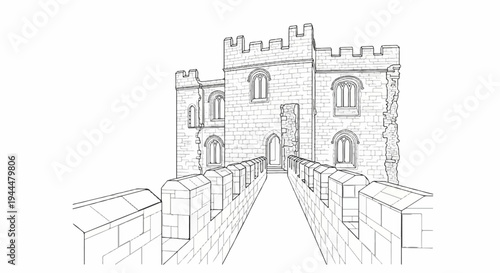 Line drawing of an ancient stone castle with crenellated walls and arched windows