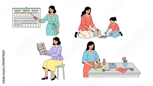 Moments of Daily Life: A collection of illustrations that capture the simple joys of a woman's daily life, from working to crafting with a child, showing the beauty of everyday moments.