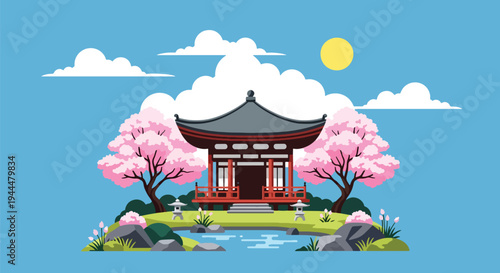 Modern vector illustration of Japanese cherry blossoms festival in a tranquil garden with sakura trees surrounding a traditional pavilion, serene spring setting
