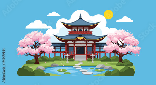 Modern vector illustration of Japanese cherry blossoms festival in a tranquil garden with sakura trees surrounding a traditional pavilion, serene spring setting