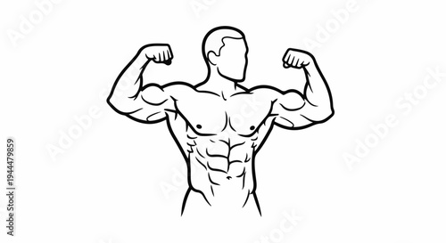 Line drawing of a muscular, faceless male bodybuilder flexing