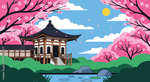 Modern vector illustration of Japanese cherry blossoms festival in a tranquil garden with sakura trees surrounding a traditional pavilion, serene spring setting