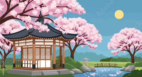 Modern vector illustration of Japanese cherry blossoms festival in a tranquil garden with sakura trees surrounding a traditional pavilion, serene spring setting