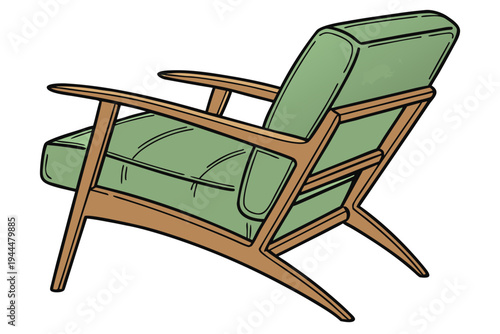 A minimalist illustration of a green rocking chair with wooden frame