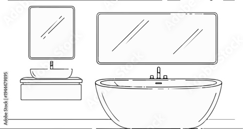 Line drawing of a modern bathroom with a large mirror, tub, and vanity