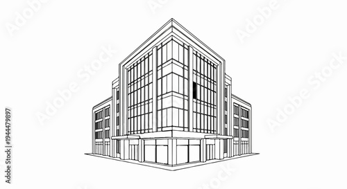 Line drawing of a modern building with glass facade