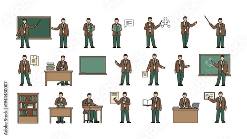 Teacher's Toolkit: A comprehensive collection of illustrations showcases a teacher in various poses and actions, ideal for educational resources. 