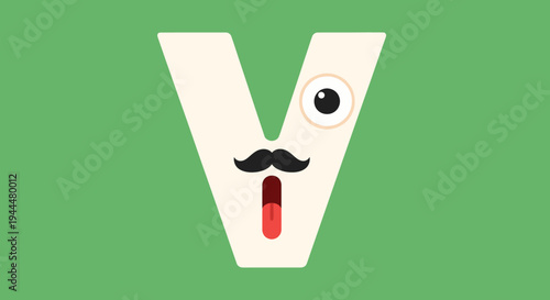 Fun Cartoon 'V' Character with Mustache and Open Mouth