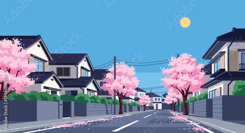 Modern vector illustration of Japanese cherry blossoms festival on a quiet street lined with blooming sakura trees and drifting petals in fresh spring air