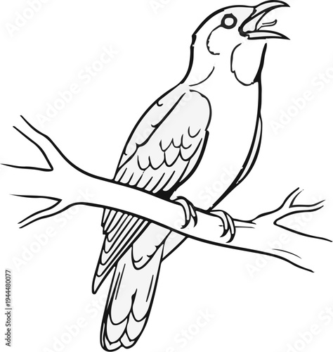 Line drawing of a bird with its beak open, perched on a tree branch
