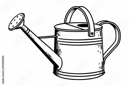 A black and white line drawing of a metal watering can with a long spout and handle.