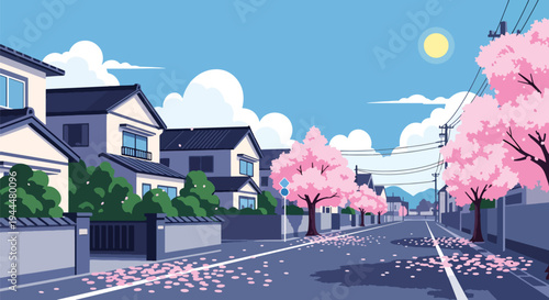 Modern vector illustration of Japanese cherry blossoms festival on a quiet street lined with blooming sakura trees and drifting petals in fresh spring air