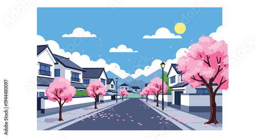 Modern vector illustration of Japanese cherry blossoms festival on a quiet street lined with blooming sakura trees and drifting petals in fresh spring air