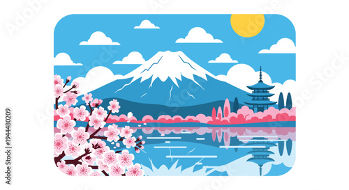 Modern vector illustration of Japanese cherry blossoms festival with stylized mountain, lake reflection, and blooming sakura trees in bright spring landscape