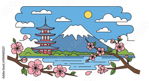 Modern vector illustration of Japanese cherry blossoms festival with stylized mountain, lake reflection, and blooming sakura trees in bright spring landscape