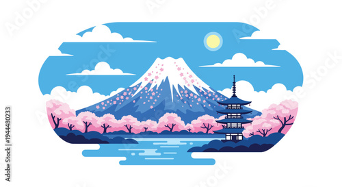Modern vector illustration of Japanese cherry blossoms festival with stylized mountain, lake reflection, and blooming sakura trees in bright spring landscape