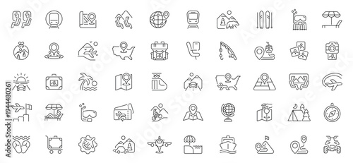 Tourism icons set. editable line icons, outline, vacation, travel, adventure symbols