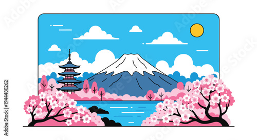 Modern vector illustration of Japanese cherry blossoms festival with stylized mountain, lake reflection, and blooming sakura trees in bright spring landscape