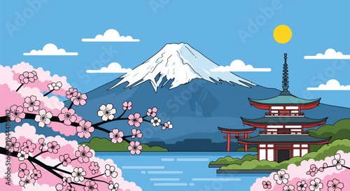 Modern vector illustration of Japanese cherry blossoms festival with stylized mountain, lake reflection, and blooming sakura trees in bright spring landscape