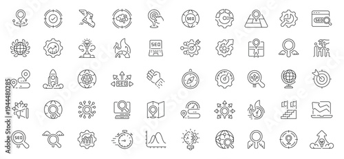 Seo and analytics icons set. editable line icons, optimization, digital marketing symbols