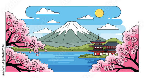 Modern vector illustration of Japanese cherry blossoms festival with stylized mountain, lake reflection, and blooming sakura trees in bright spring landscape