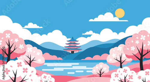 Modern vector illustration of Japanese cherry blossoms festival with stylized mountain, lake reflection, and blooming sakura trees in bright spring landscape