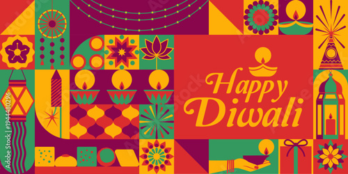 Happy Diwali festival of lights celebration banner with flat colorful Holiday icons of traditional objects and decorations
