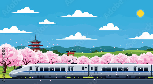 Modern vector illustration of Japanese cherry blossoms festival with train passing through blooming sakura trees and falling petals in countryside spring scene