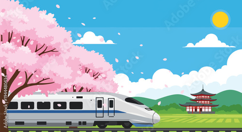 Modern vector illustration of Japanese cherry blossoms festival with train passing through blooming sakura trees and falling petals in countryside spring scene