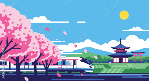 Modern vector illustration of Japanese cherry blossoms festival with train passing through blooming sakura trees and falling petals in countryside spring scene