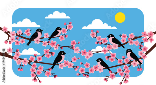 Modern vector illustration of Japanese cherry blossoms festival featuring close-up sakura branches with delicate pink blooms and birds in fresh spring atmosphere