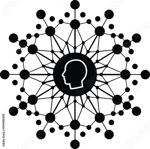 Neural network illustration centered around a human silhouette profile.