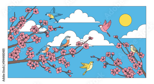 Modern vector illustration of Japanese cherry blossoms festival featuring close-up sakura branches with delicate pink blooms and birds in fresh spring atmosphere