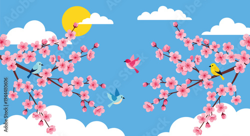 Modern vector illustration of Japanese cherry blossoms festival featuring close-up sakura branches with delicate pink blooms and birds in fresh spring atmosphere