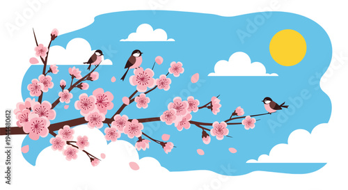 Modern vector illustration of Japanese cherry blossoms festival featuring close-up sakura branches with delicate pink blooms and birds in fresh spring atmosphere