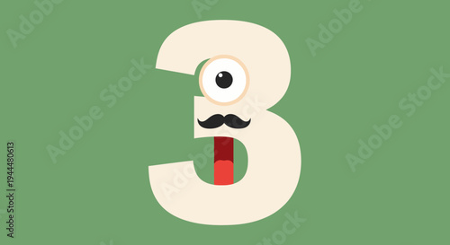 Cartoon Number Three with Eyes Mustache and Tongue