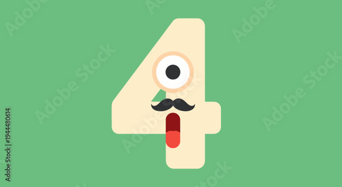 Funny Character Number Four with Facial Features on Green Background