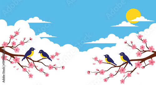 Modern vector illustration of Japanese cherry blossoms festival featuring close-up sakura branches with delicate pink blooms and birds in fresh spring atmosphere