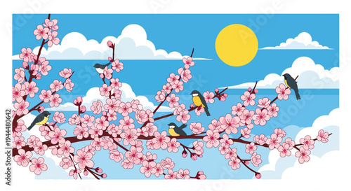 Modern vector illustration of Japanese cherry blossoms festival featuring close-up sakura branches with delicate pink blooms and birds in fresh spring atmosphere