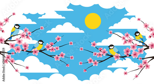 Modern vector illustration of Japanese cherry blossoms festival featuring close-up sakura branches with delicate pink blooms and birds in fresh spring atmosphere