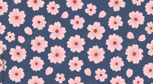 Modern vector illustration of Japanese cherry blossoms festival seamless pattern with sakura flowers and petals arranged in clean decorative spring style