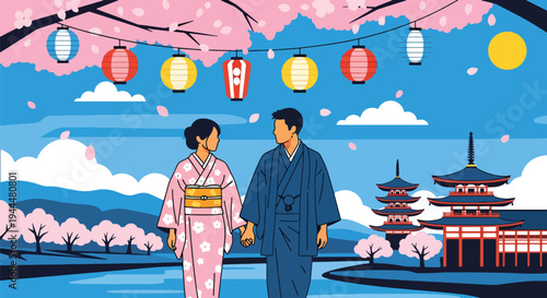 Modern vector illustration of Japanese cherry blossoms festival with couple walking beneath blooming sakura trees along peaceful riverside in spring