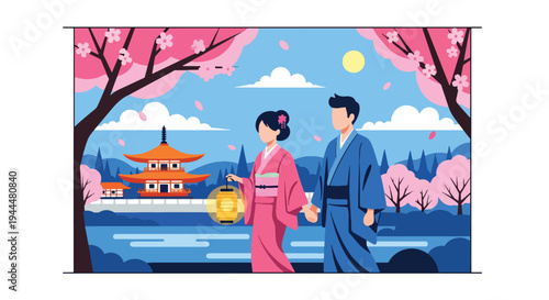 Modern vector illustration of Japanese cherry blossoms festival with couple walking beneath blooming sakura trees along peaceful riverside in spring