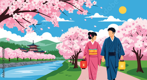 Modern vector illustration of Japanese cherry blossoms festival with couple walking beneath blooming sakura trees along peaceful riverside in spring