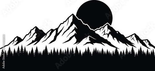 Mountain landscape forest silhouette vector illustration design graphic, wilderness nature scenery art concept, black and white decorative creative collection