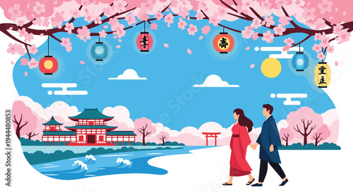 Modern vector illustration of Japanese cherry blossoms festival with couple walking beneath blooming sakura trees along peaceful riverside in spring