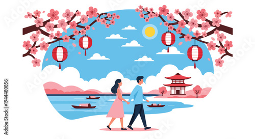 Modern vector illustration of Japanese cherry blossoms festival with couple walking beneath blooming sakura trees along peaceful riverside in spring