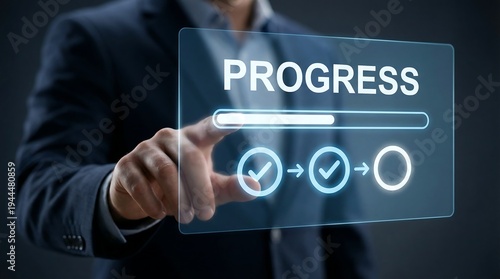 A professional in a suit is shown interacting with a holographic progress bar displaying completion stages and two successful checkmark icons.